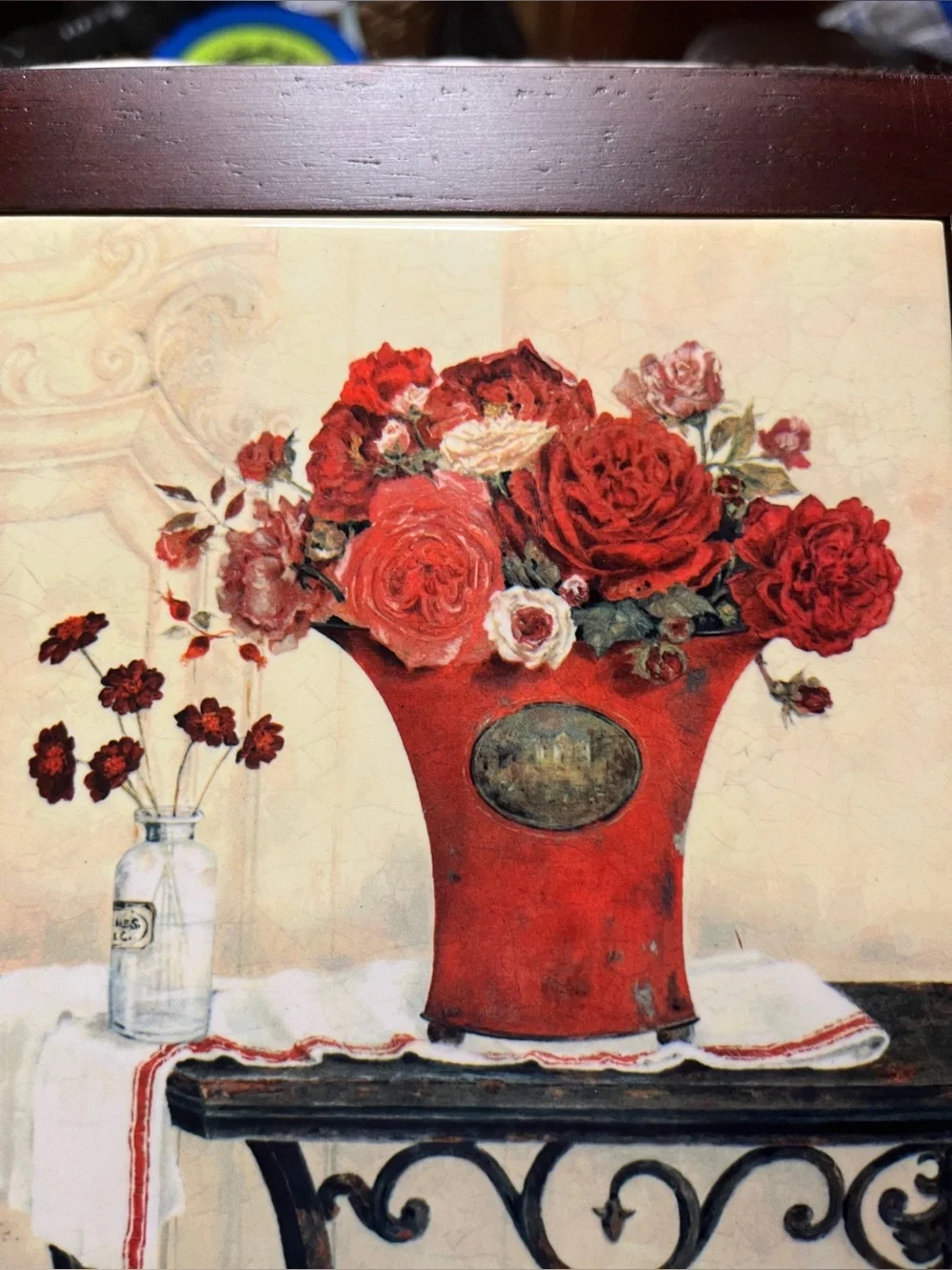 Kathryn White Signed Framed Roses & Linen Art Tile Wall Hanging 8